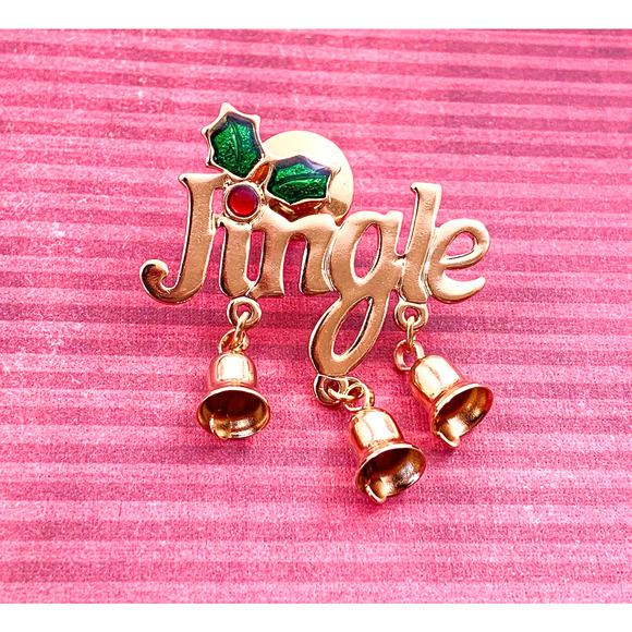 Avon Jingle Bells Tac Pin - Shiny Gold Tone with 2 Dangling Bell, Enamel Holly - Picture 5 of 7